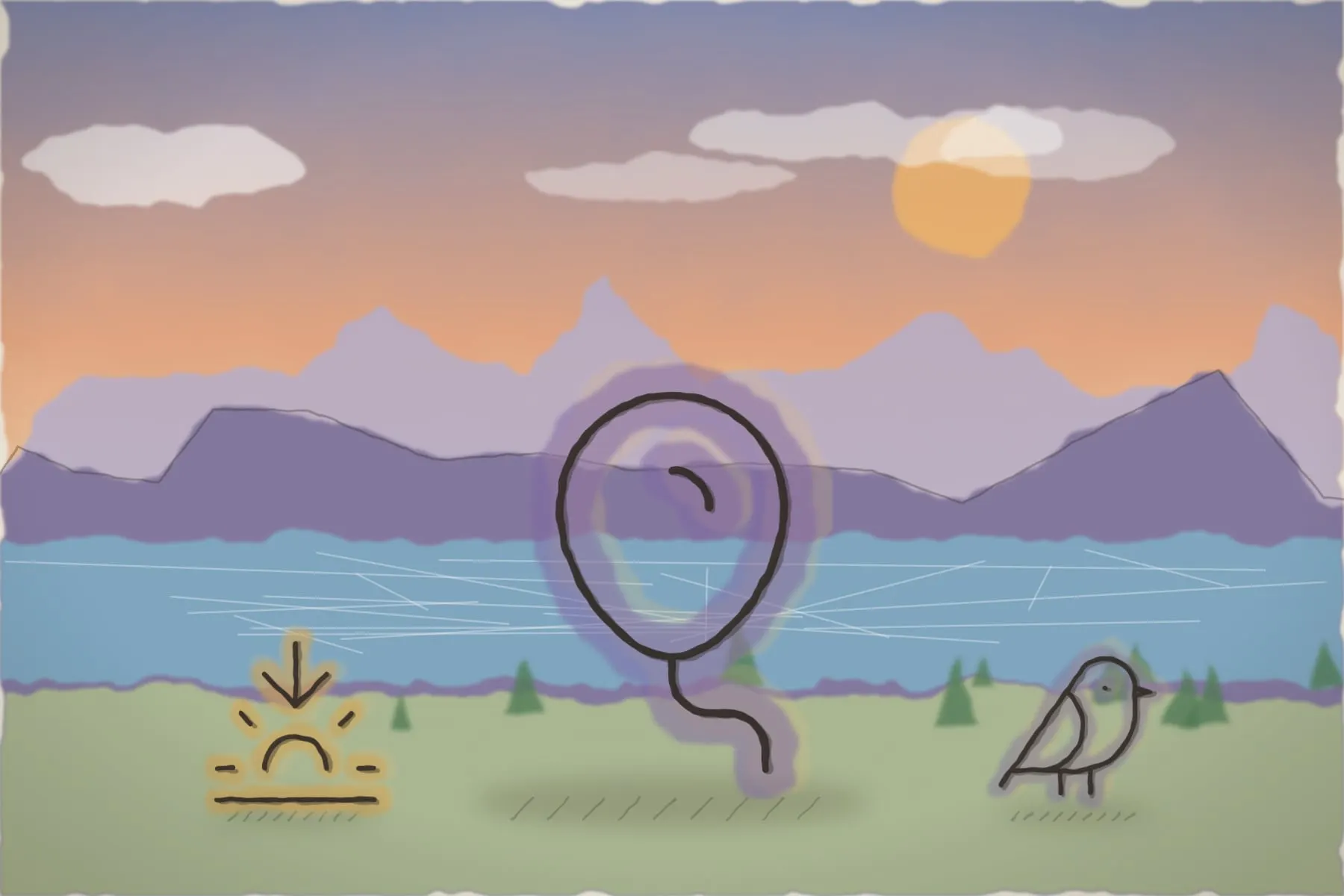 Zbor la apus, deasupra unui lac (ilustrație)